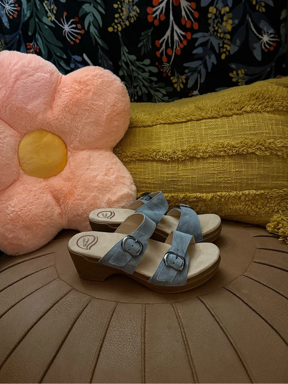 Dansko Sophie Suede Slide Sandals Blue Buckle Wedge Comfort Women’s Size 38